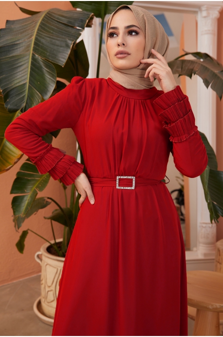 Taş Kemerli Elbise - Kırmızı