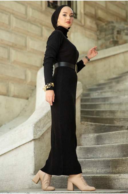 Boğazlı Triko Elbise - Siyah