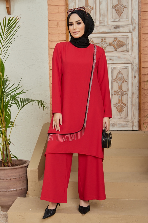 Zincirli Tunik Pantolon Takım - Kırmızı