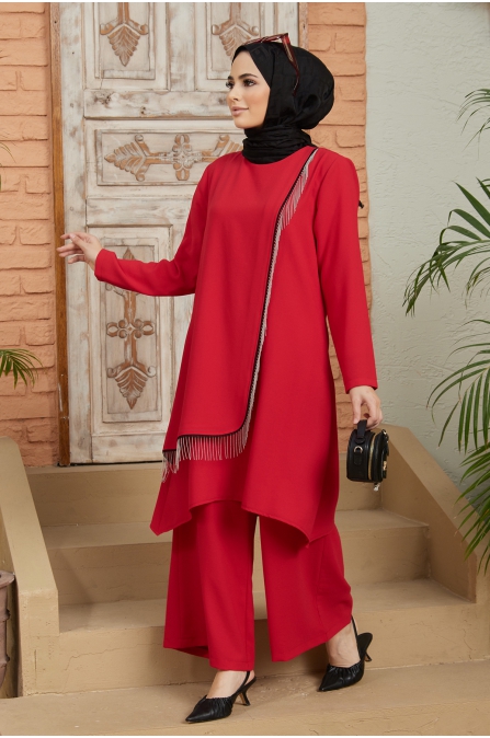 Zincirli Tunik Pantolon Takım - Kırmızı