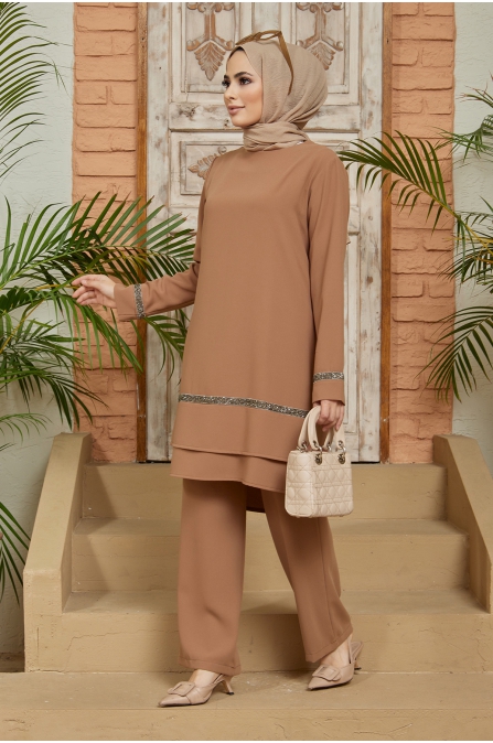 Taş Detaylı Tunik Pantolon Takım - Camel