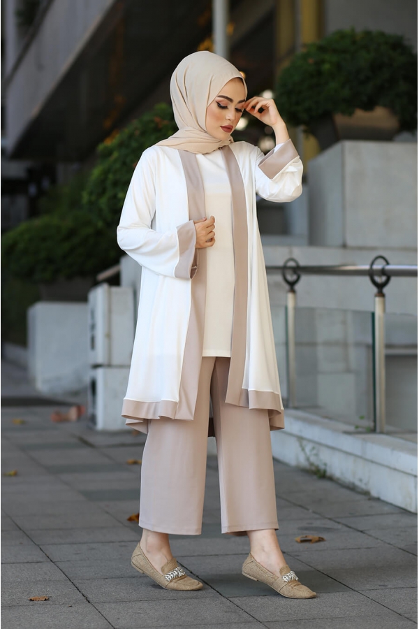 Kimono Üçlü Tesettür Kombin - Bej