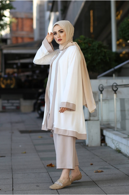 Kimono Üçlü Tesettür Kombin - Bej