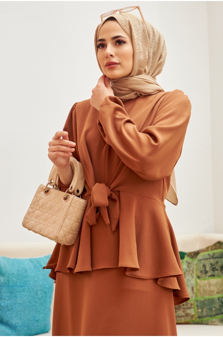 Önü Düğmeli Etekli Takım - Camel