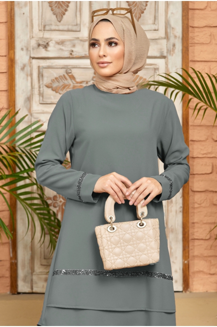 Taş Detaylı Tunik Pantolon Takım - Gri