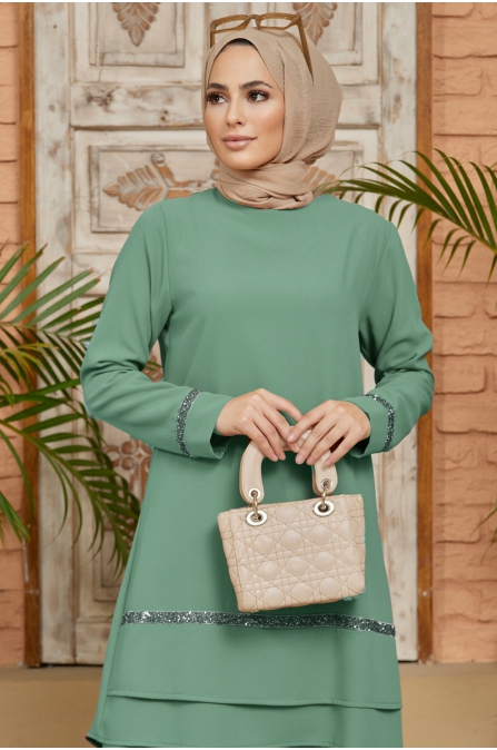 Taş Detaylı Tunik Pantolon Takım - Mint