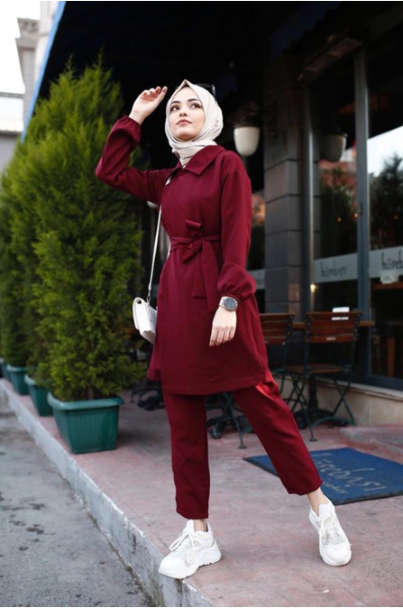 Yakalı Tesettür Takım - Bordo