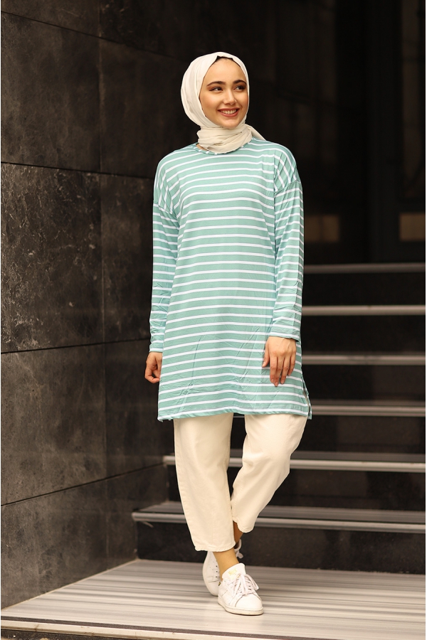 Mint Çizgili Basic Tunik