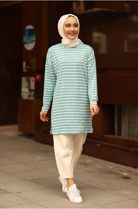 Mint Çizgili Basic Tunik